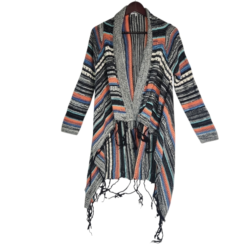 Woven Heart Multi-Color Aztec Tribal Boho Fringe Open Front Grannycore Long Med